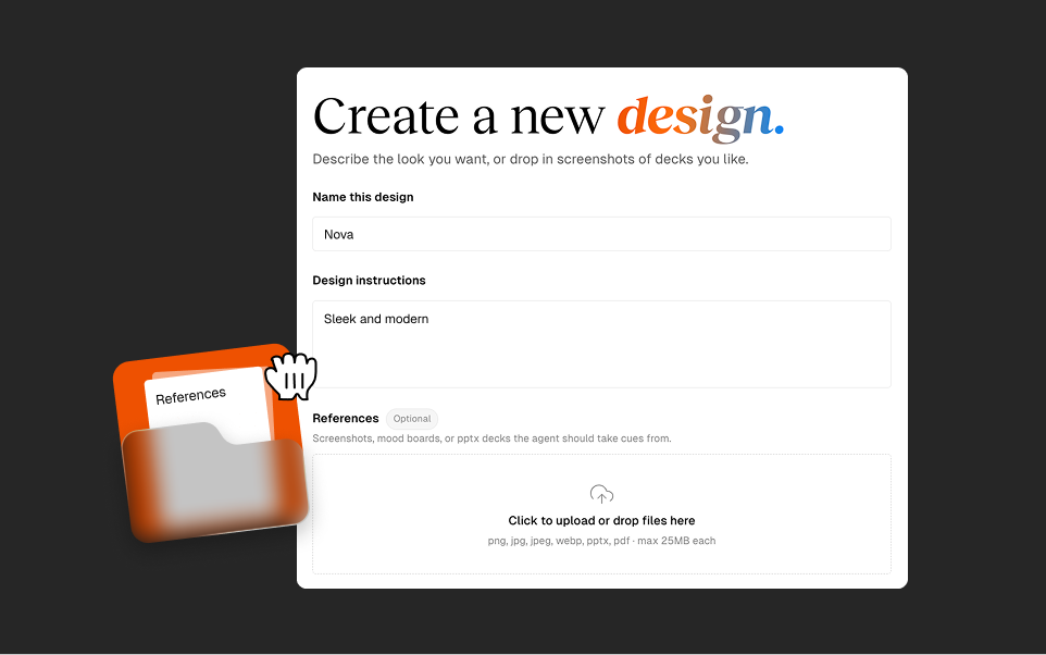 FRAME 1 — theme builder: references, fonts, logo, instructions